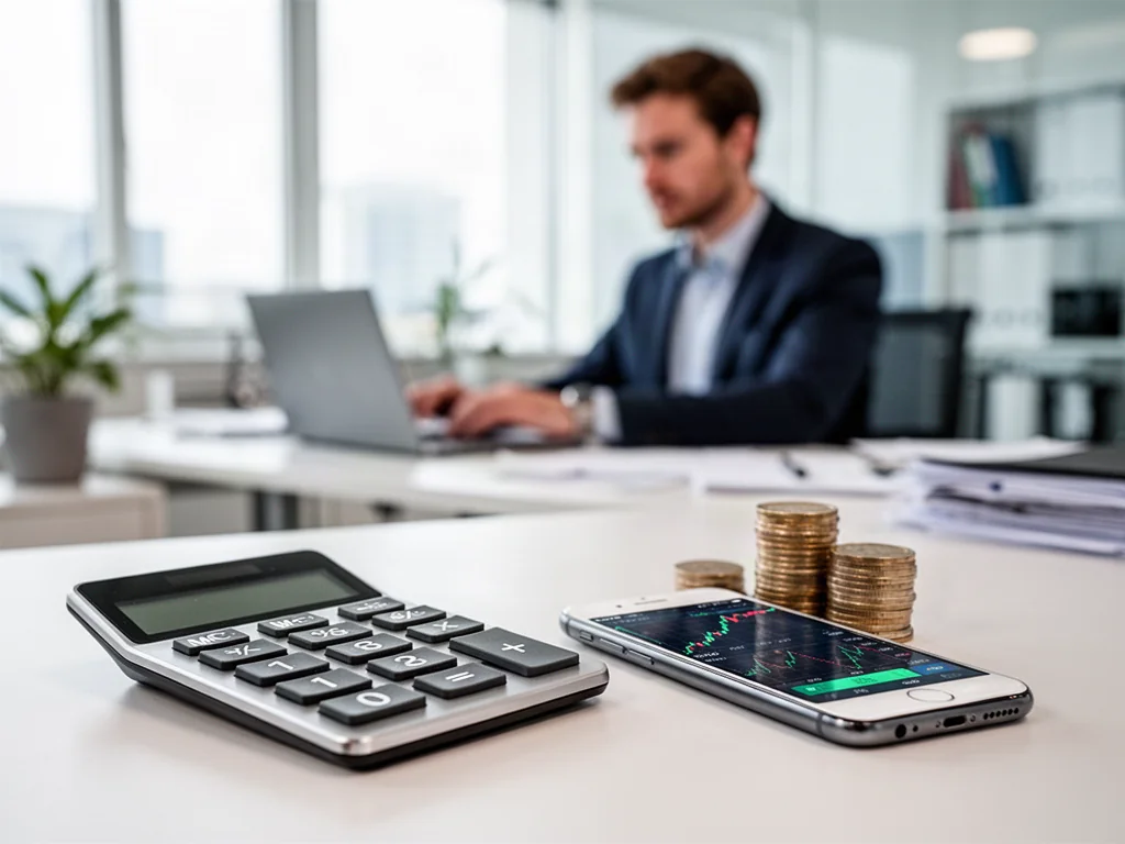 Kalkulator, smartfon z aplikacją finansową i monety na biurku, symbolizujące obliczanie wynagrodzenia w nowoczesnym biurze.