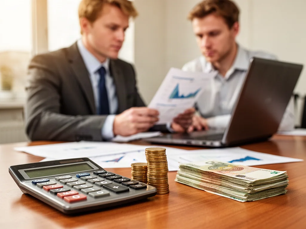 Kalkulator, monety i banknoty na biurku, a w tle pracownik analizujący dokumenty finansowe na laptopie.