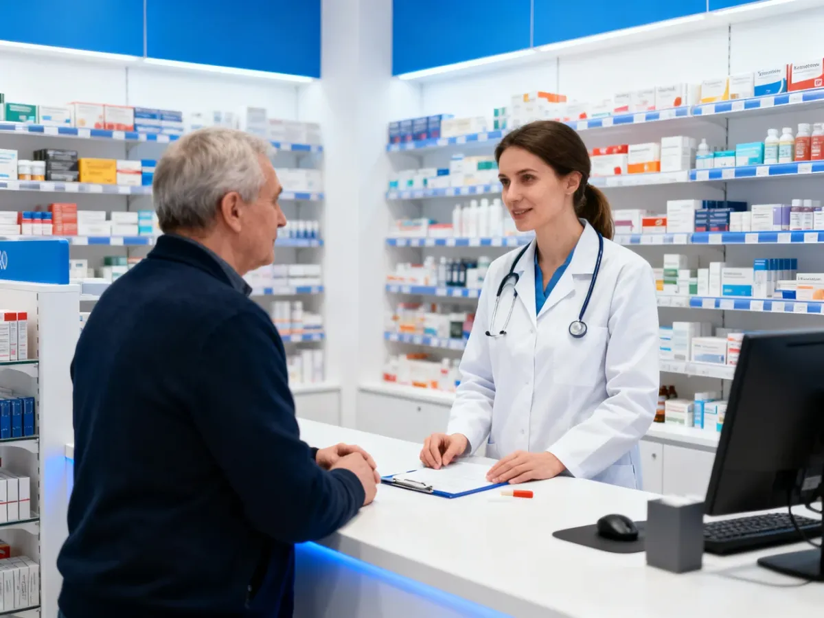Farmaceuta konsultujący z pacjentem stosowanie leków w aptece