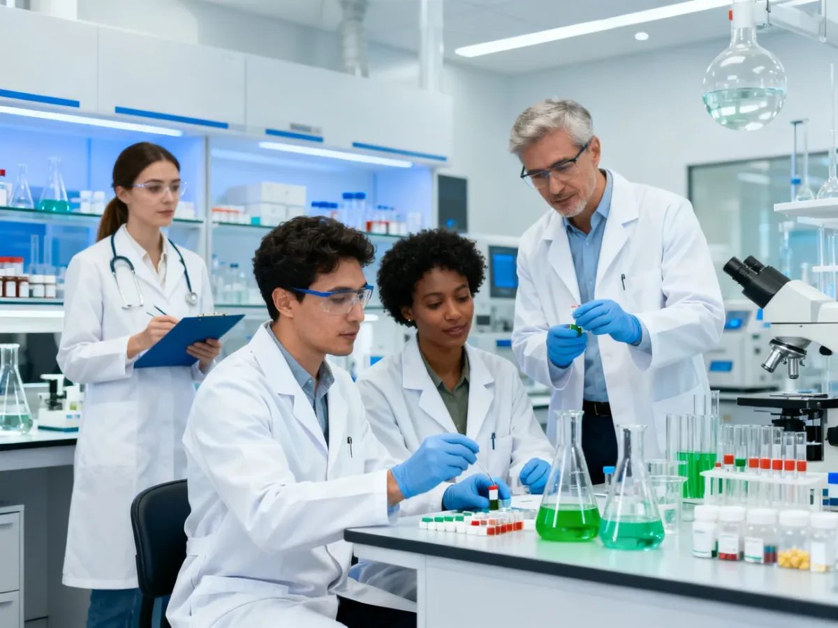 Zespół farmaceutów pracujący w laboratorium farmaceutycznym