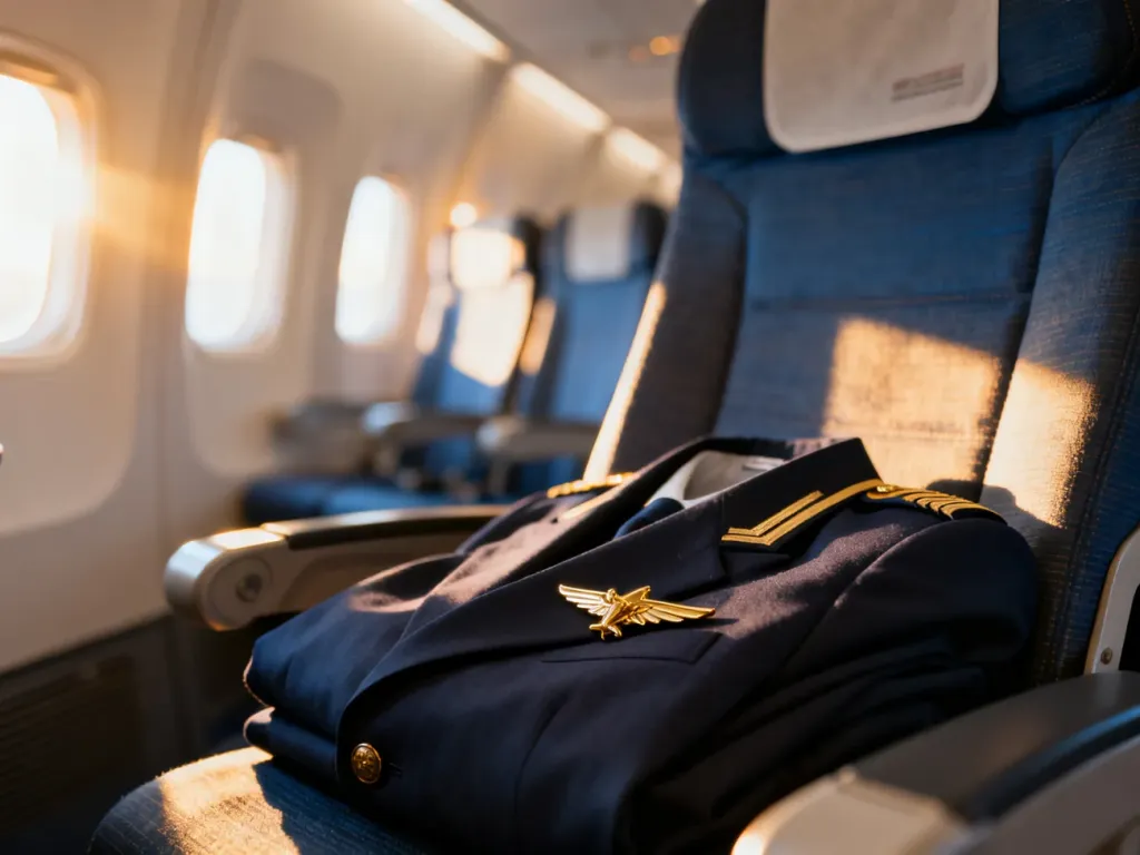 Elegancki mundur stewardessy z przypinką na fotelu lotniczym wewnątrz nowoczesnego samolotu w świetle poranka.
