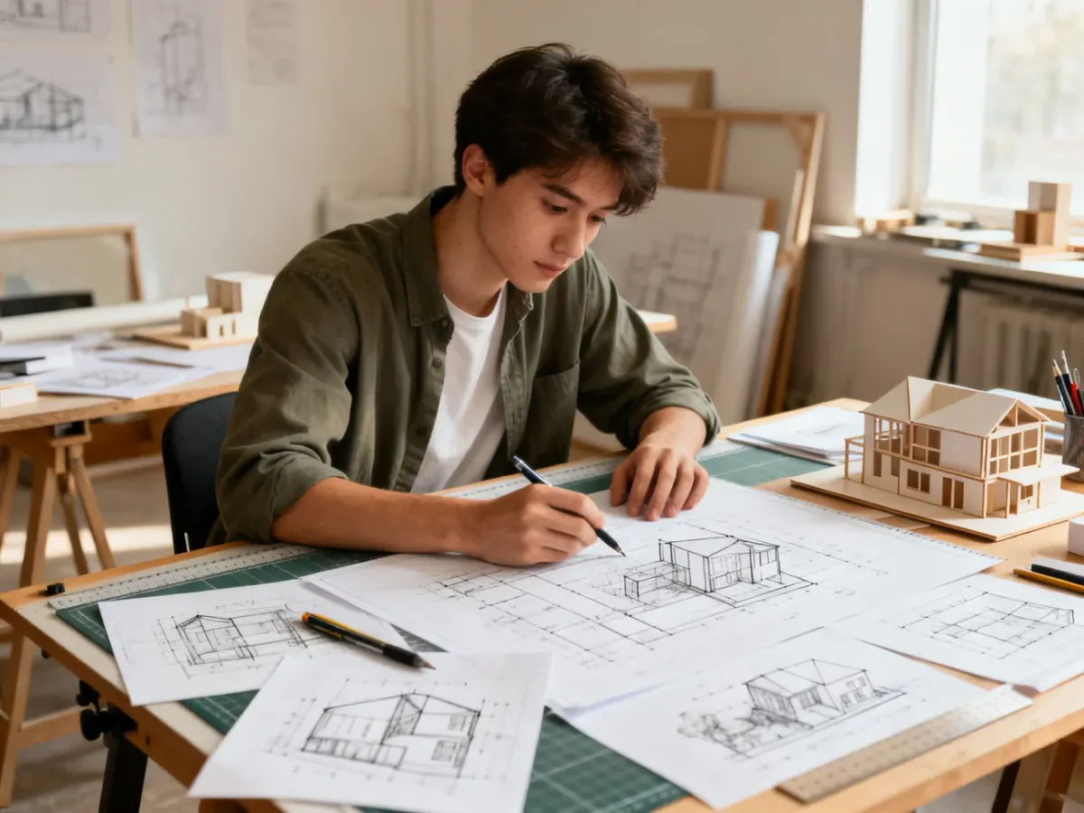 Student architektury pracujący nad projektem w pracowni