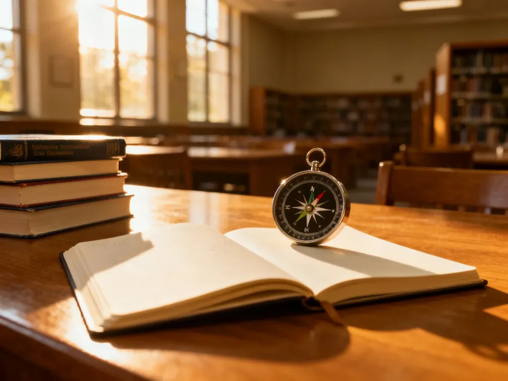 Otwarte notatniki, kompas i podręczniki na biurku, symbolizujące wybór nowej ścieżki edukacyjnej w przyjaznym otoczeniu uczelni.
