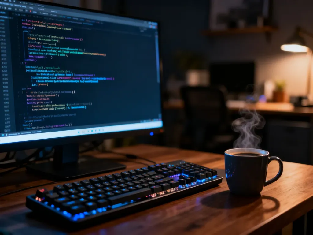 Nowoczesne stanowisko pracy z klawiaturą i kodem na monitorze, idealne do nauki programowania w domowym zaciszu.