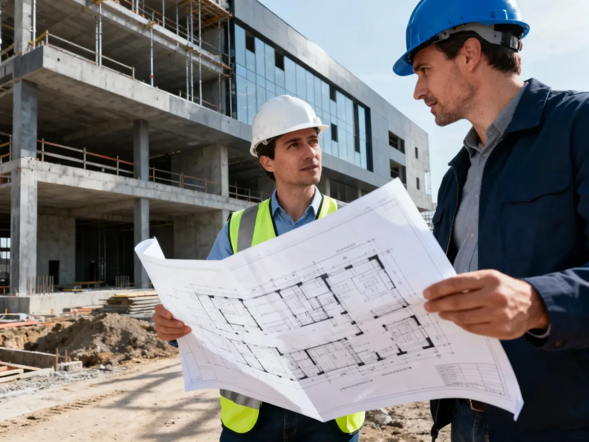 Architekt omawiający dokumentację na placu budowy