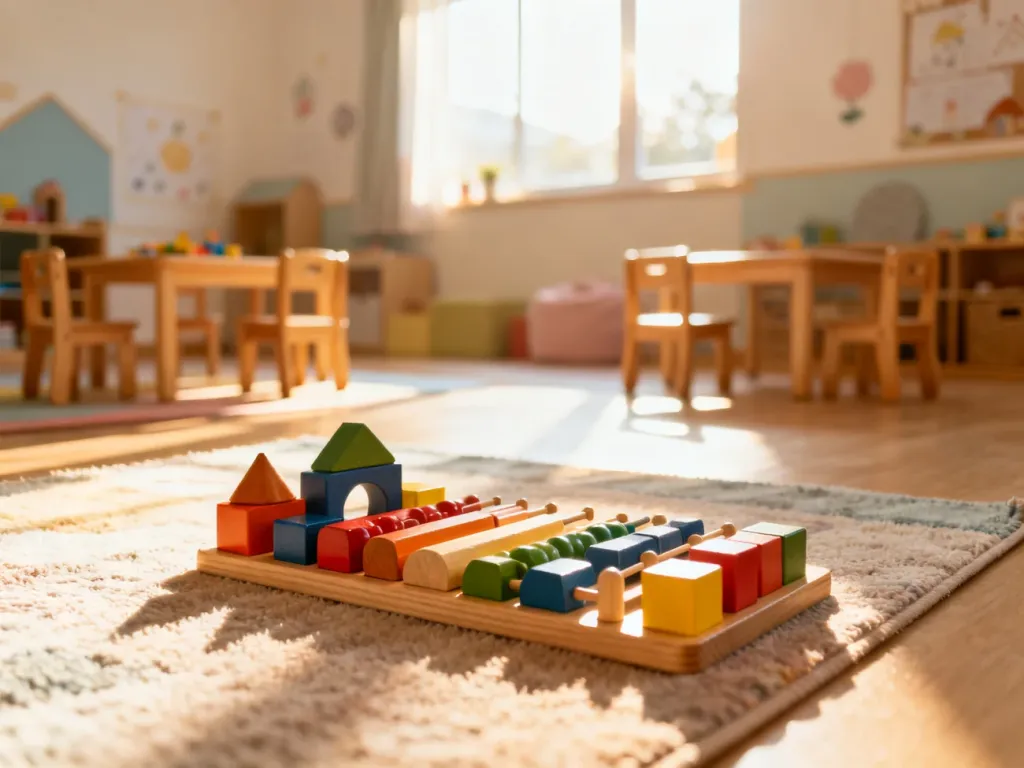 Przytulna i uporządkowana sala żłobkowa z kolorowymi zabawkami edukacyjnymi, zachęcająca do nauki i zabawy.