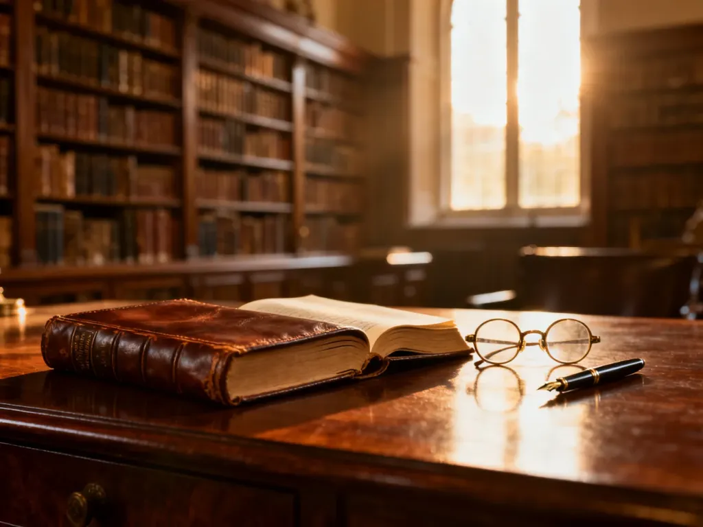 Eleganckie biurko z otwartą księgą, okularami i piórem na tle biblioteki, symbolizujące pracę naukową i akademicką.