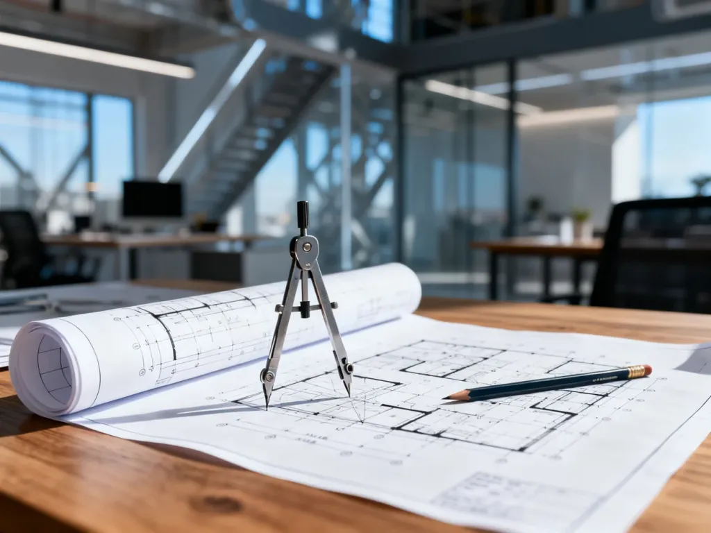 Projekt techniczny na drewnianym biurku z przyborami kreślarskimi, symbolizujący pracę profesjonalnego technika.