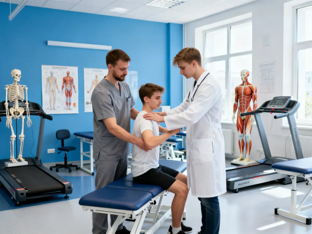 Student fizjoterapii podczas zajęć praktycznych w pracowni rehabilitacyjnej