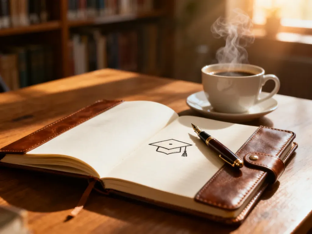 Otwarty notatnik z piórem i kawą na biurku, symbolizujący inspirację do podjęcia studiów w dojrzałym wieku.