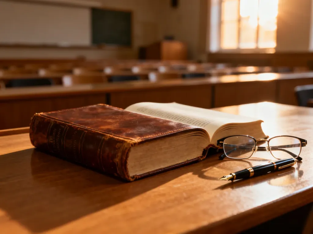 Otwarte zabytkowe książki, okulary i pióro na biurku w tle auli uniwersyteckiej, symbolizujące naukę i edukację.